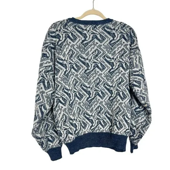 First Landing Sweater Mens Large Blue Abstract Wool V Neck Pullover Knit Vintage - Picture 2 of 12